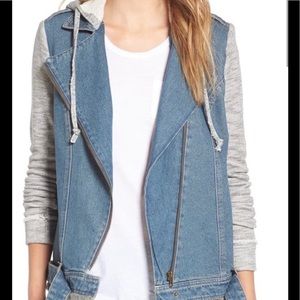 🥂Tinseltown Jean frayed gray Moto hoodie jacket- Large